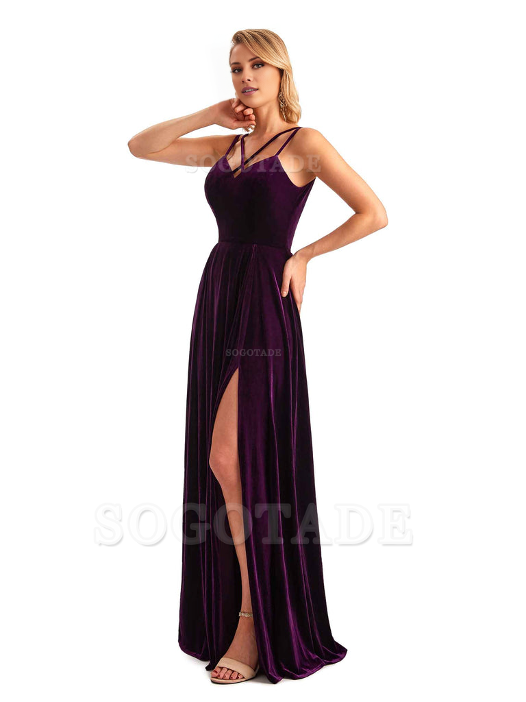 Sexy Side Slit Spaghetti Straps Unique Velvet Long Bridesmaid Dresses Online