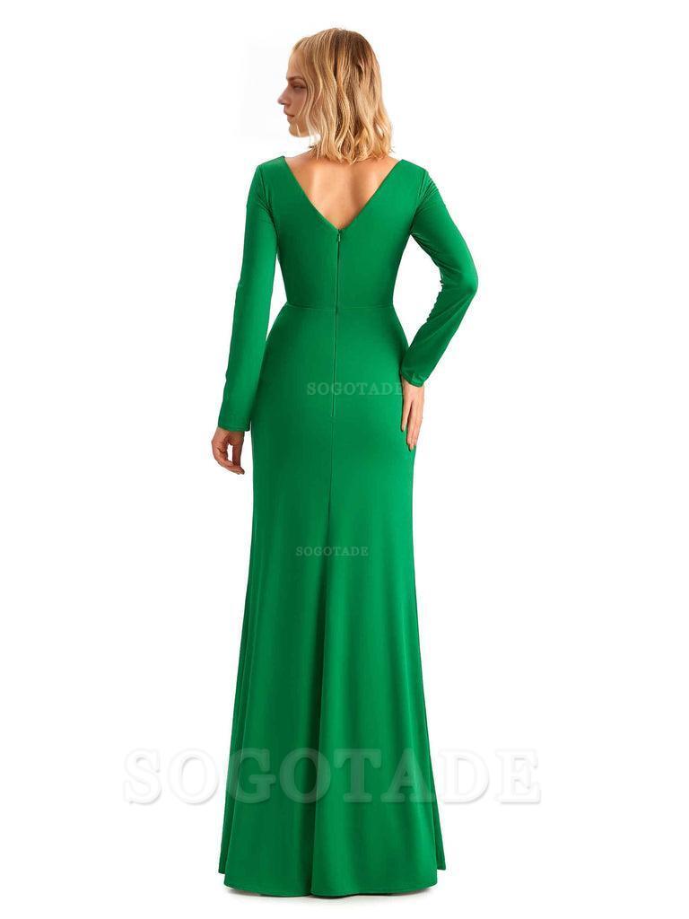 Elegant Simple Mermaid Pleats V-neck Long-Sleeves Floor Length Long Formal Bridesmaid Dresses