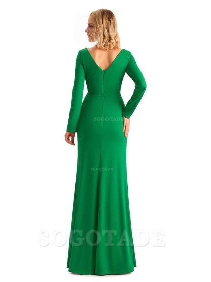 Elegant Simple Mermaid Pleats V-neck Long-Sleeves Floor Length Long Formal Bridesmaid Dresses