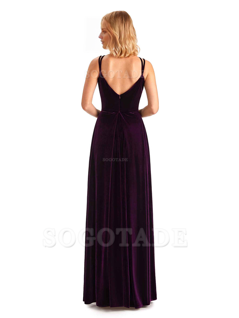 Sexy Side Slit Spaghetti Straps Unique Velvet Long Bridesmaid Dresses Online