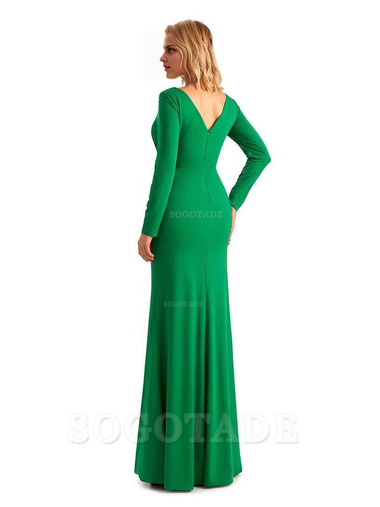 Elegant Simple Mermaid Pleats V-neck Long-Sleeves Floor Length Long Formal Bridesmaid Dresses