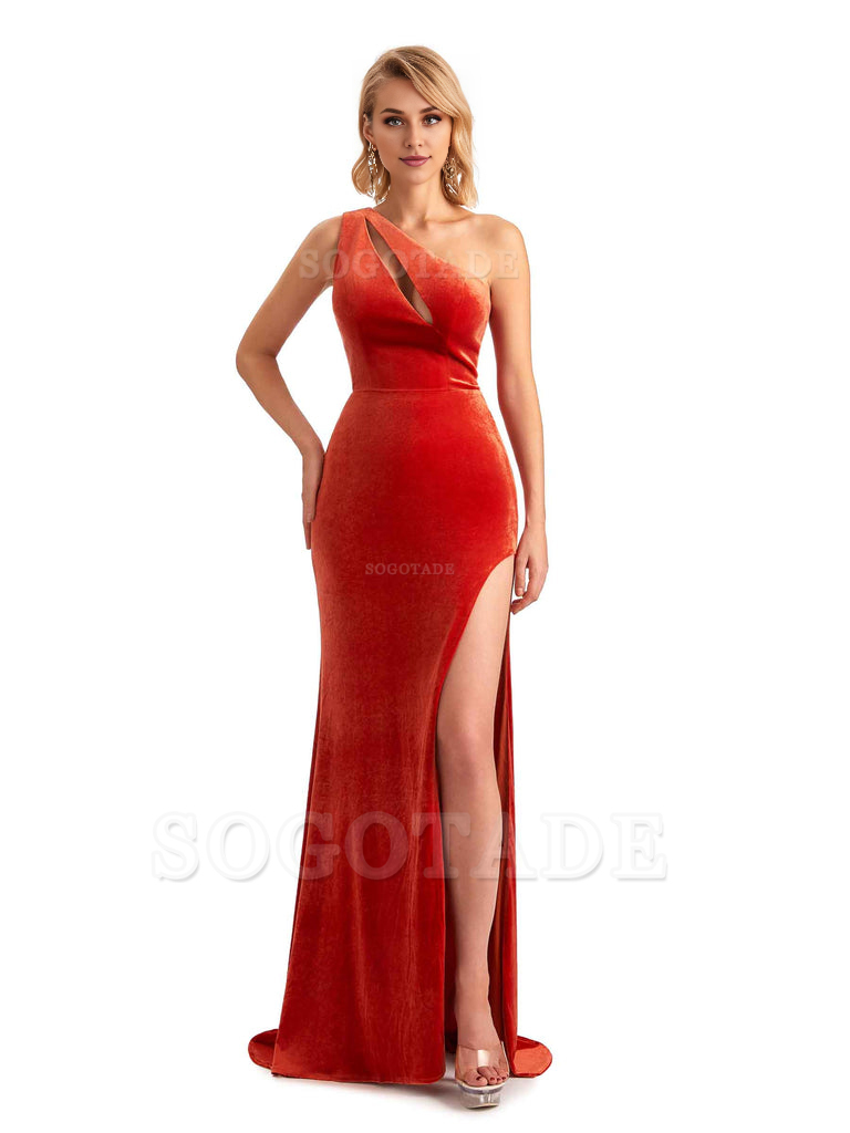 Sexy Sleeveless Floor Length Mermaid One Shoulder Side Slit Velvet Long Bridesmaid Dresses