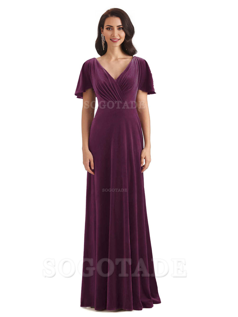 V-Neck Sexy See Through Short Sleeves Lace up Velvet Long Bridesmaid Dresses Formal Women's Dresses Wedding Guests Dresses