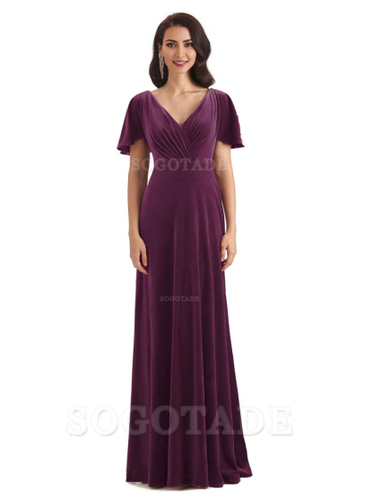 V-Neck Sexy See Through Short Sleeves Lace up Velvet Long Bridesmaid Dresses Formal Women's Dresses Wedding Guests Dresses