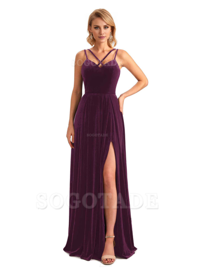 Sexy Side Slit Spaghetti Straps Unique Velvet Long Bridesmaid Dresses Online