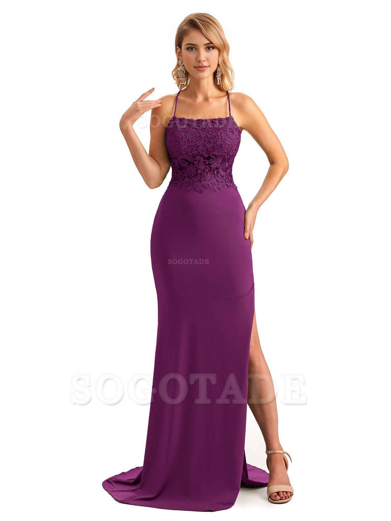 Sexy Side Slit Spaghetti Straps Open Back Mermaid Lace Applique Long Formal Bridesmaid Dresses