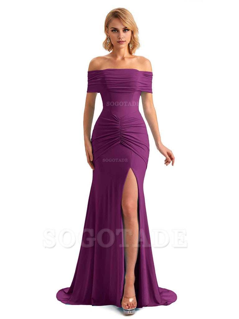 Elegant Mermaid Off The Shoulder Side Slit Stretchy Jersey Long Formal Bridesmaid Dresses