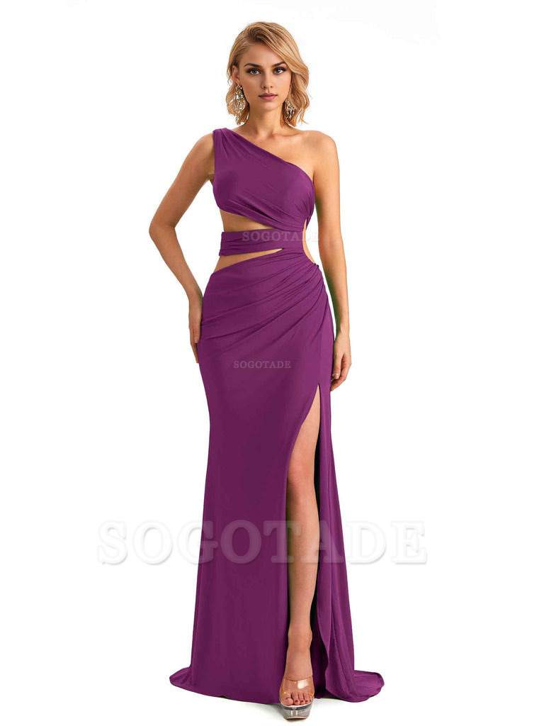 Elegant Mermaid One Shoulder Side Slit Stretchy Jersey Long Formal Bridesmaid Dresses