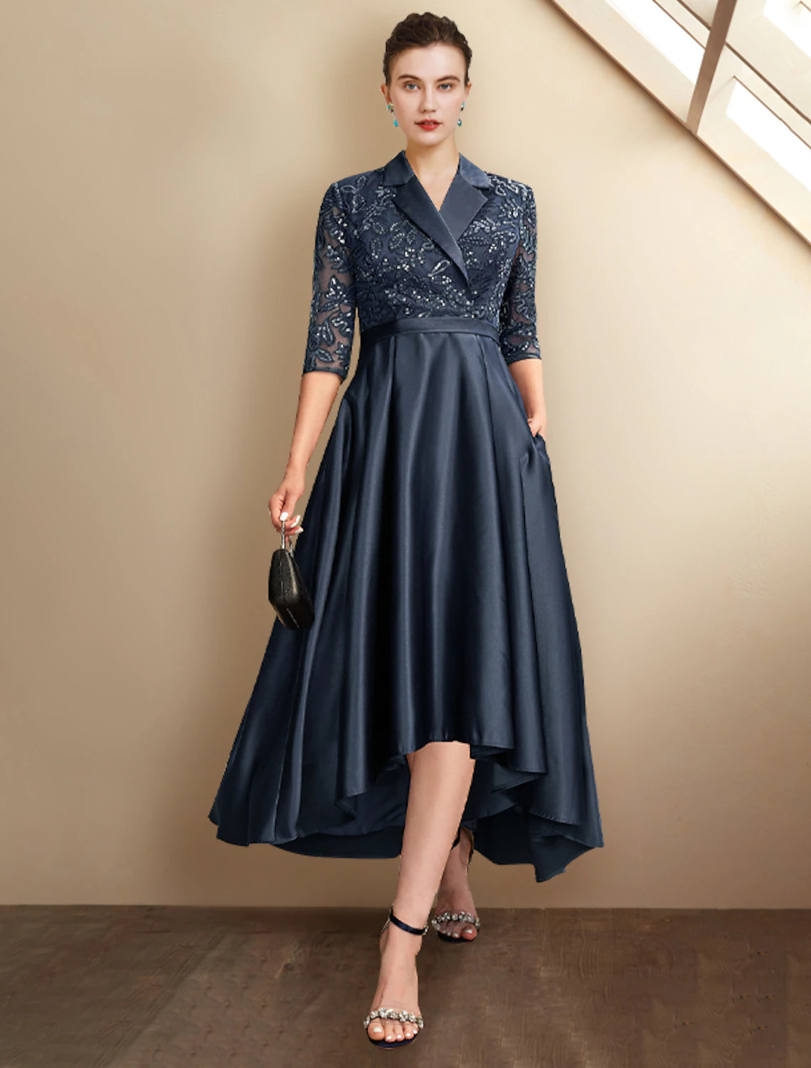 A-Line Mother of the Bride Dress Plus Size Elegant High Low Shirt Collar Asymmetrical Tea Length Satin Lace Half Sleeve with Pleats Sequin Appliques-SOGOTADE