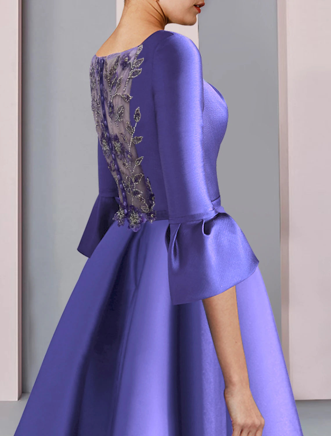 A-Line Mother of the Bride Dress Formal Party Elegant Scoop Neck Floor Length Satin 3/4 Length Sleeve with Bow(s) Pleats Embroidery-SOGOTADE