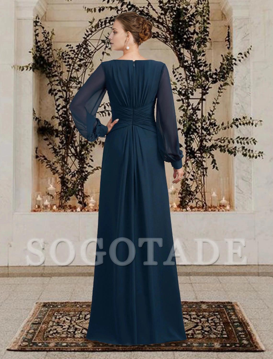 A-Line Mother of the Bride Dress Wedding Guest Plus Size Elegant V Neck Floor Length Chiffon Long Sleeve with Ruched Ruffles Side-Draped Fall