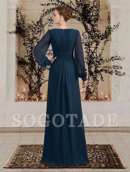 A-Line Mother of the Bride Dress Wedding Guest Plus Size Elegant V Neck Floor Length Chiffon Long Sleeve with Ruched Ruffles Side-Draped Fall