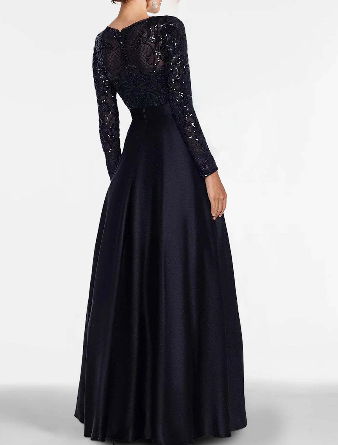 A-Line Evening Gown Elegant Black Dress Plus Size Formal Sequin Satin Dress Black Tie Floor Length Long Sleeve Off Shoulder Fall Wedding Guest with Slit Pocket 2024-SOGOTADE