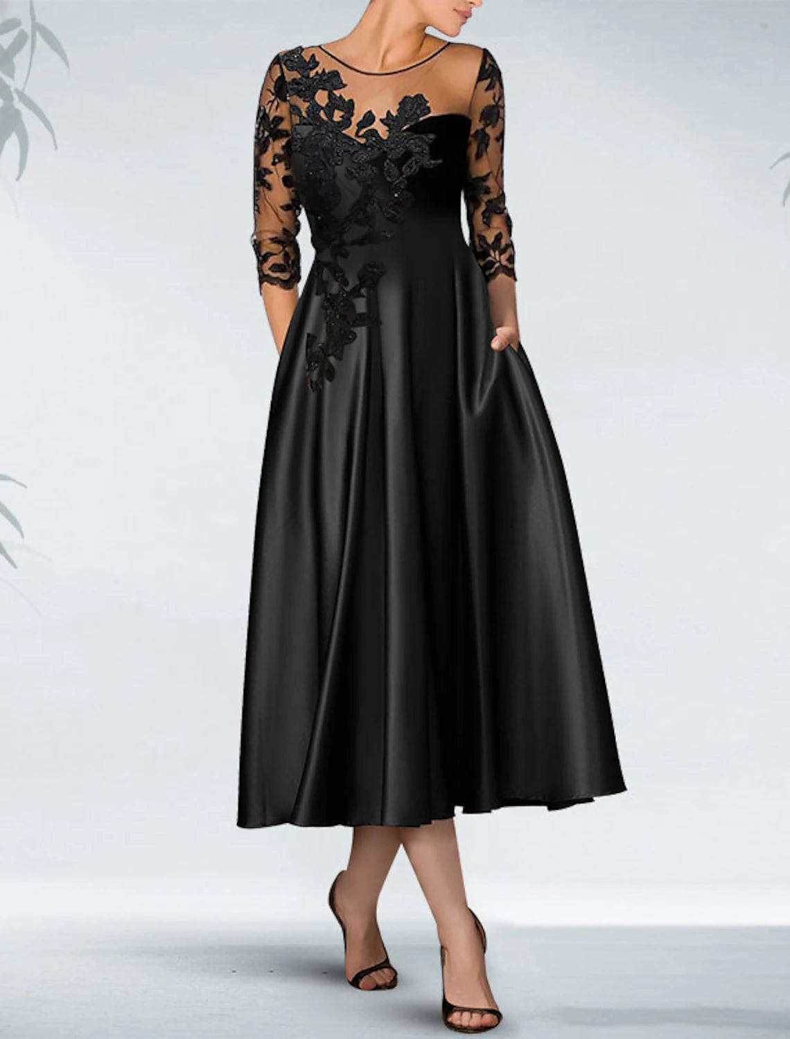A-Line Cocktail Black Dress Plus Size Appliques Elegant Dress Fall Wedding Guest Dress For Mother Knee Length 3/4 Length Sleeve Off Shoulder Pocket Satin with Beading Pocket 2024-SOGOTADE