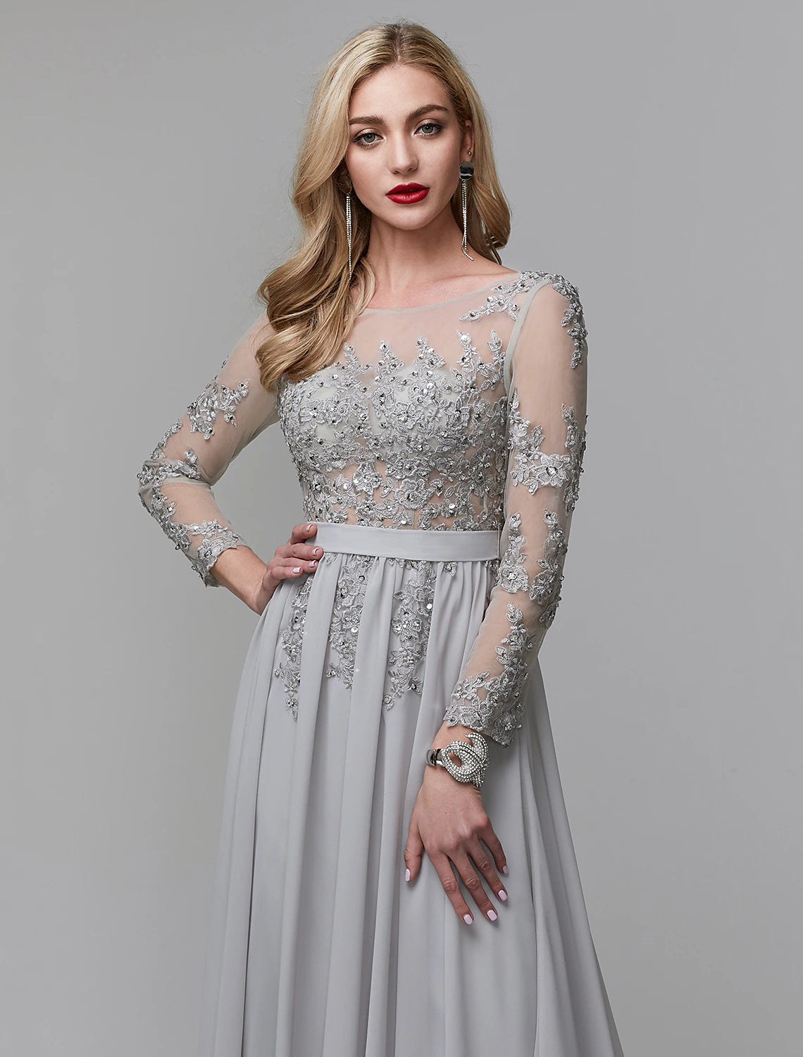 A-Line Luxurious Engagement Formal Evening Dress Illusion Neck V Back Low Back Long Sleeve Chapel Train Chiffon with Sequin Appliques 2024 / Illusion Sleeve-SOGOTADE