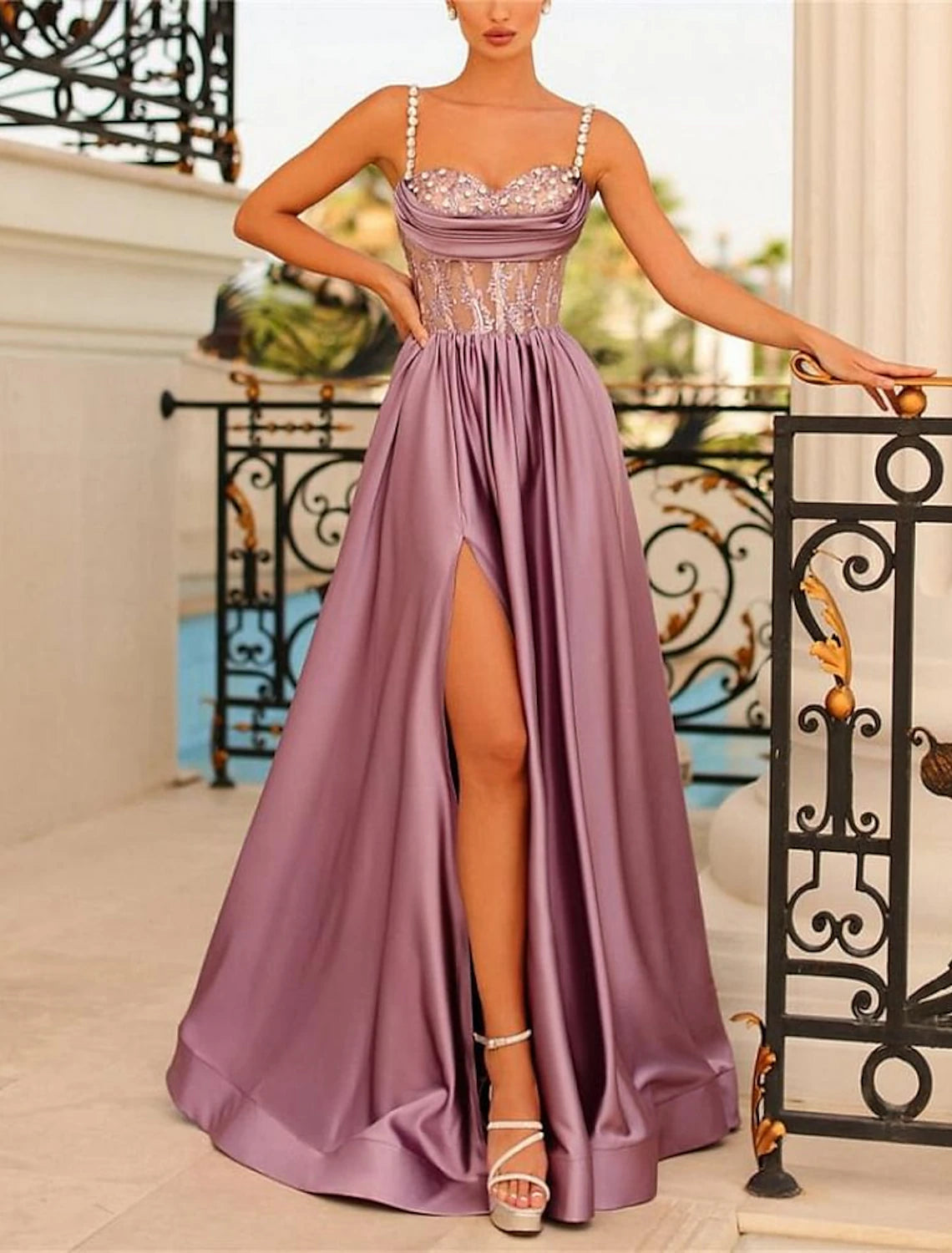 A-Line Evening Gown Backless Dress Formal Wedding Guest Sweep / Brush Train Sleeveless Spaghetti Strap Bridesmaid Dress Satin Backless with Ruched Sequin Slit 2024-SOGOTADE