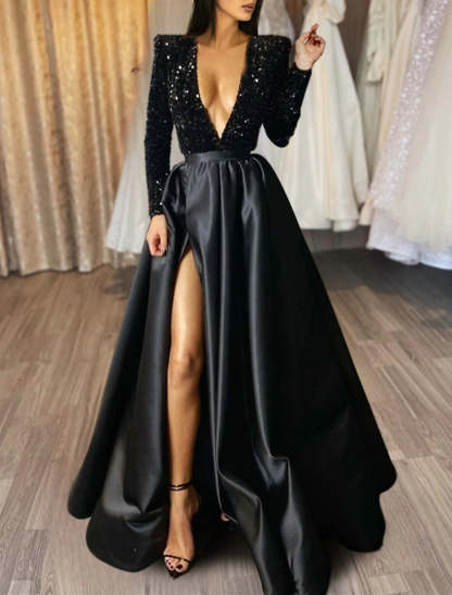 A-Line Evening Gown Red Green Dress Formal Black Dress Plus Size Wedding Court Train Half Sleeve V Neck Satin with Sequin Slit-SOGOTADE