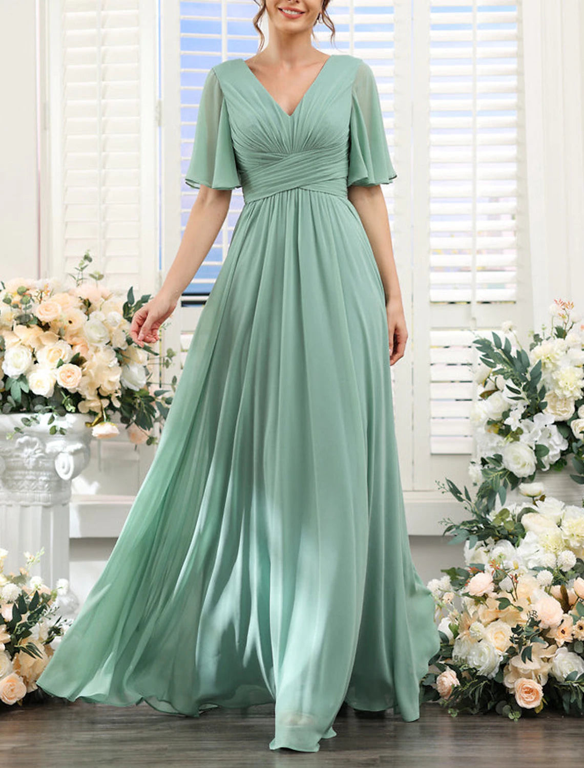 A-Line Bridesmaid Dress V Neck Short Sleeve Elegant Floor Length Chiffon with Split Front / Ruching-SOGOTADE