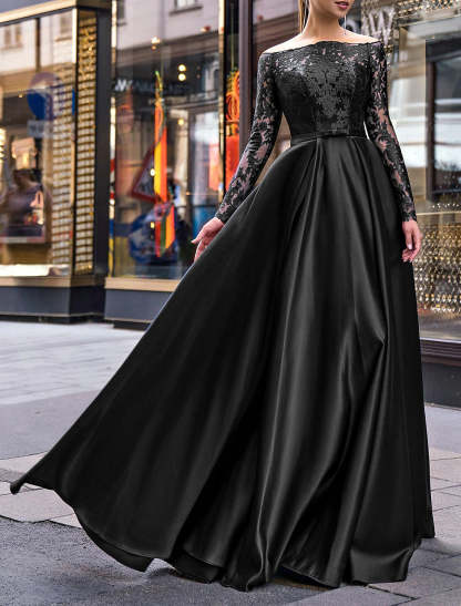 A-Line Evening Gown Party Dress Christmas Red Green Dress Elegant Dress Wedding Guest Fall Floor Length Long Sleeve Off Shoulder Belt / Sash Satin with Appliques 2024-SOGOTADE