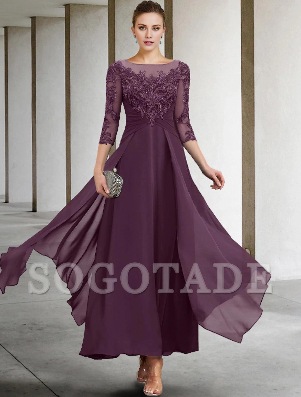 A-Line Mother of the Bride Dress Appliques Fall Wedding Guest Plus Size Elegant Scoop Neck Ankle Length Chiffon Lace Sequin 3/4 Length Sleeve with Ruched-SOGOTADE