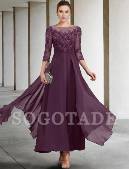A-Line Mother of the Bride Dress Appliques Fall Wedding Guest Plus Size Elegant Scoop Neck Ankle Length Chiffon Lace Sequin 3/4 Length Sleeve with Ruched-SOGOTADE