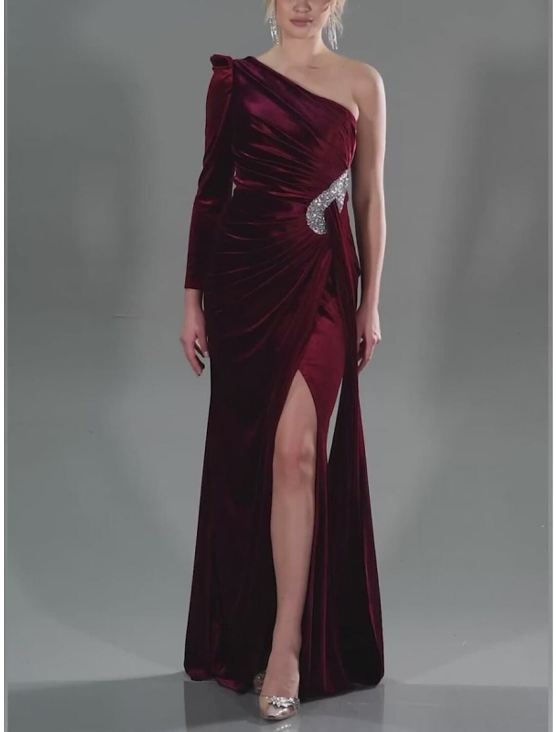 A-Line Evening Gown Christmas Elegant Dress Formal Sweep / Brush Train Long Sleeve One Shoulder Velvet with Glitter Pleats Ruched 2024-SOGOTADE