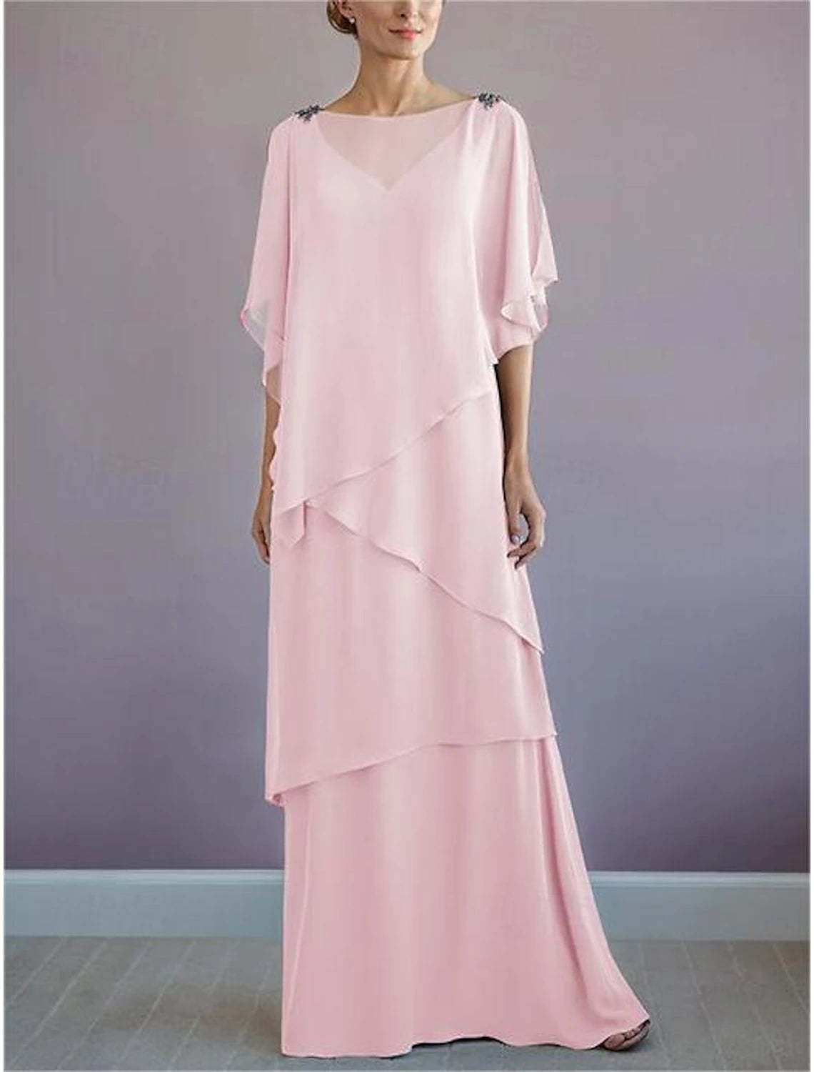 A-Line Mother of the Bride Dress Formal Wedding Guest Elegant Bateau Neck Floor Length Chiffon Half Sleeve with Ruffles Draping Tier-SOGOTADE