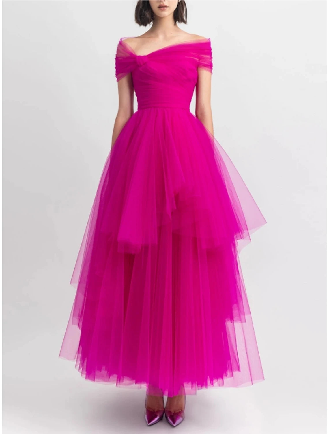 A-Line Evening Gown Party Dress Puffy Dress Formal Fall Ankle Length Short Sleeve Off Shoulder Tulle with Pleats Ruched 2024-SOGOTADE