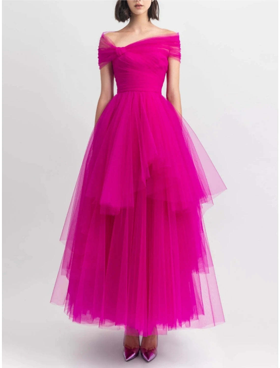 A-Line Evening Gown Party Dress Puffy Dress Formal Fall Ankle Length Short Sleeve Off Shoulder Tulle with Pleats Ruched 2024-SOGOTADE