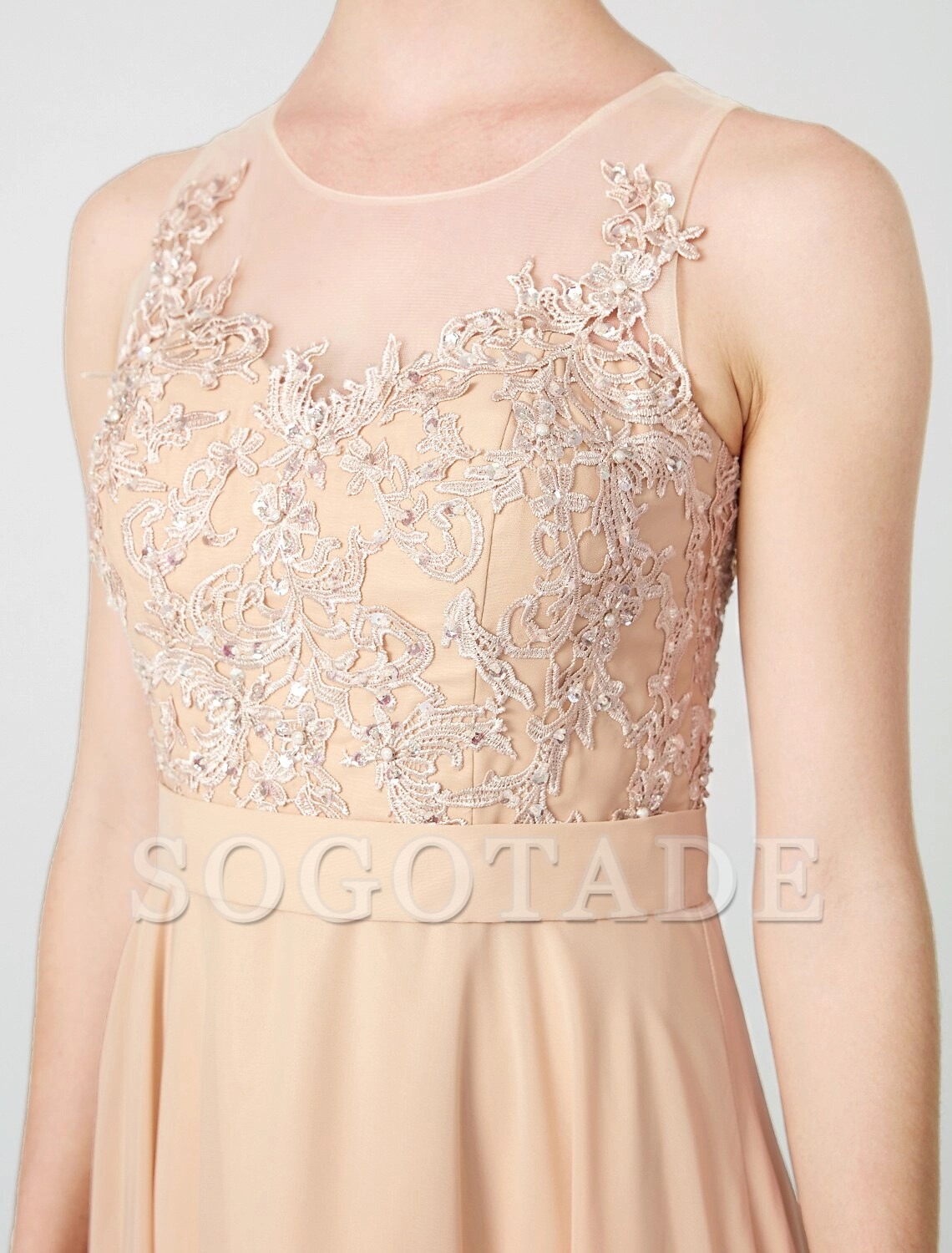 A-Line Classic & Timeless Keyhole Pastel Colors Holiday Cocktail Party Prom Dress Illusion Neck Sleeveless Floor Length Chiffon Beaded Lace with Pleats Appliques-SOGOTADE