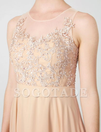 A-Line Classic & Timeless Keyhole Pastel Colors Holiday Cocktail Party Prom Dress Illusion Neck Sleeveless Floor Length Chiffon Beaded Lace with Pleats Appliques-SOGOTADE