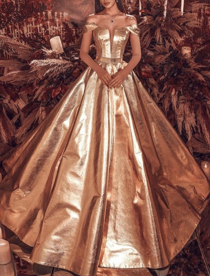 A-Line Evening Gown Celebrity Style Dress Carnival Quinceanera Sweep / Brush Train Short Sleeve Off Shoulder The Great Gatsby PU with Glitter 2024-SOGOTADE