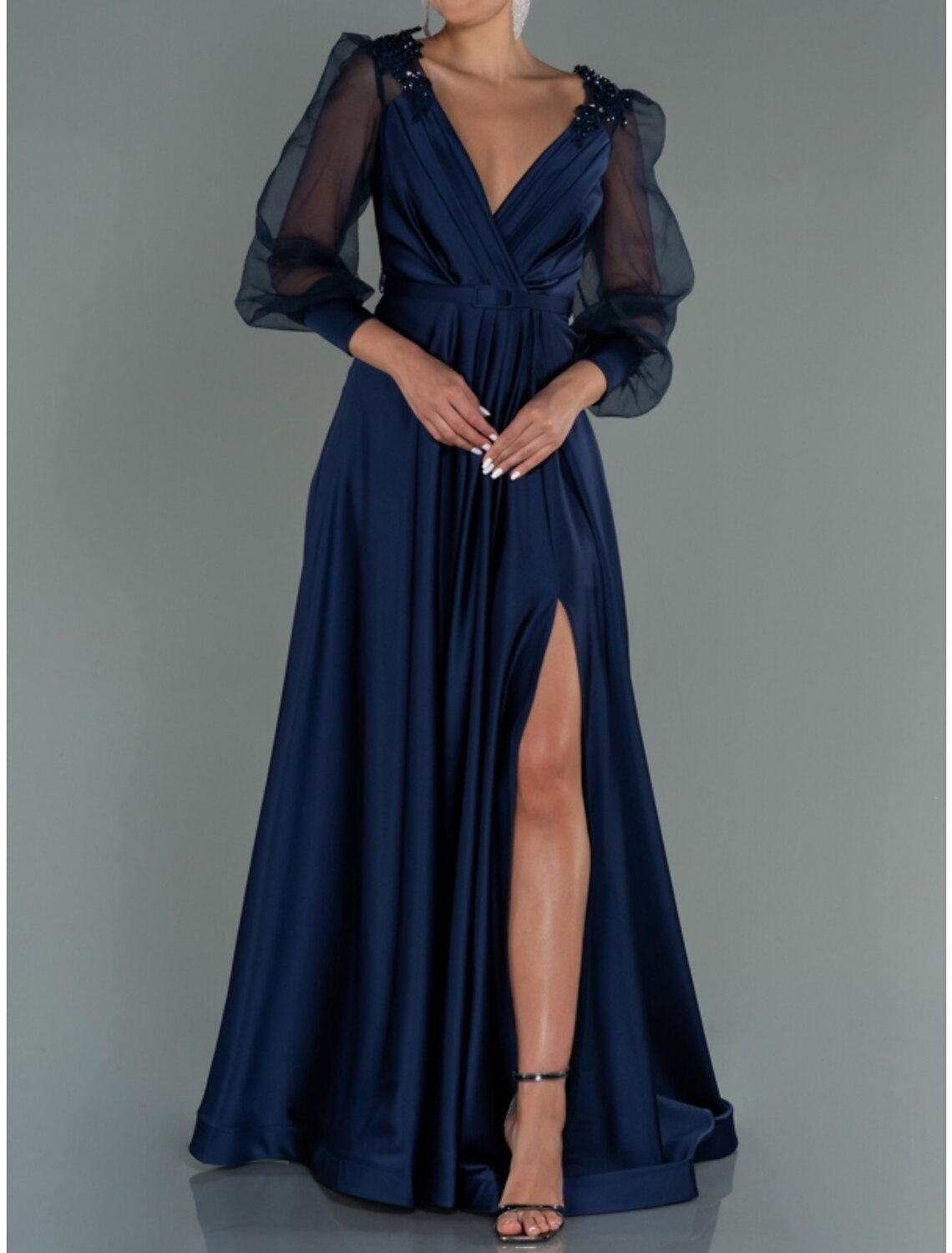 A-Line Evening Gown Elegant Dress Formal Fall Floor Length Long Sleeve V Neck Satin with Pleats Slit Shouder Flower 2024-SOGOTADE