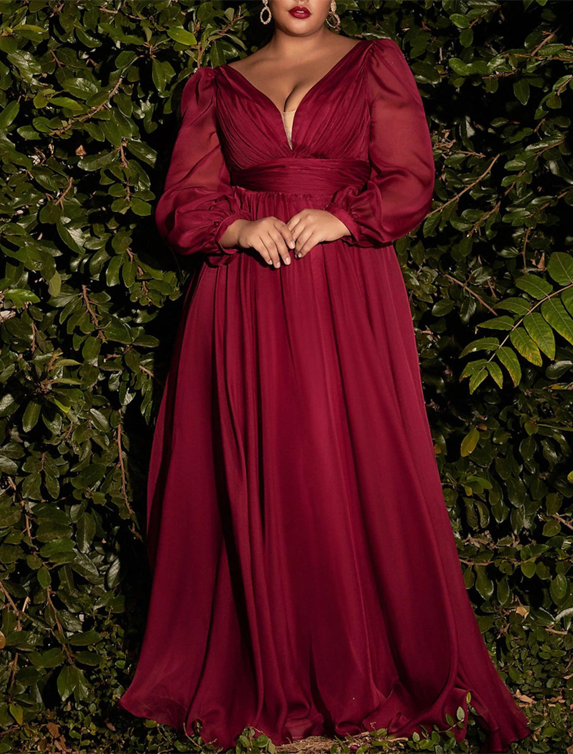 A-Line Bridesmaid Dress V Neck Long Sleeve Blue Floor Length Chiffon with Ruching / Solid Color-SOGOTADE