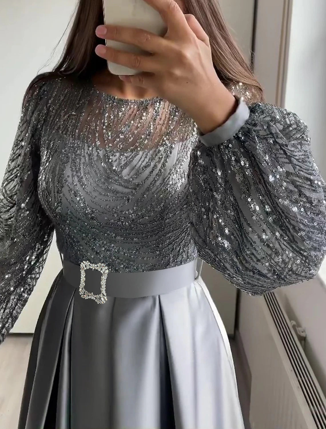 A-Line Evening Gown Elegant Dress Wedding Black Tie Floor Length Long Sleeve Jewel Neck Fall Wedding Guest Satin with Sequin-SOGOTADE