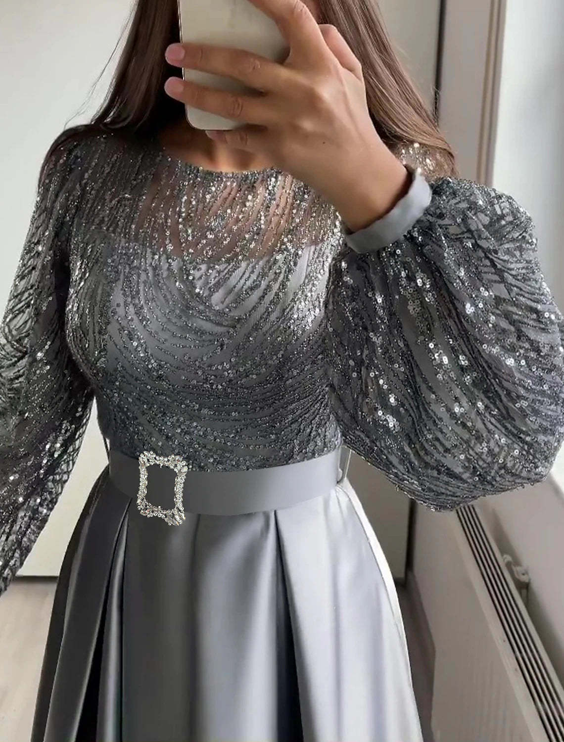 A-Line Evening Gown Elegant Dress Wedding Black Tie Floor Length Long Sleeve Jewel Neck Fall Wedding Guest Satin with Sequin-SOGOTADE