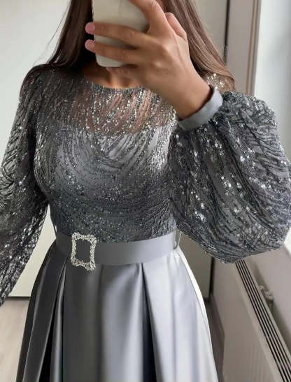 A-Line Evening Gown Elegant Dress Wedding Black Tie Floor Length Long Sleeve Jewel Neck Fall Wedding Guest Satin with Sequin-SOGOTADE