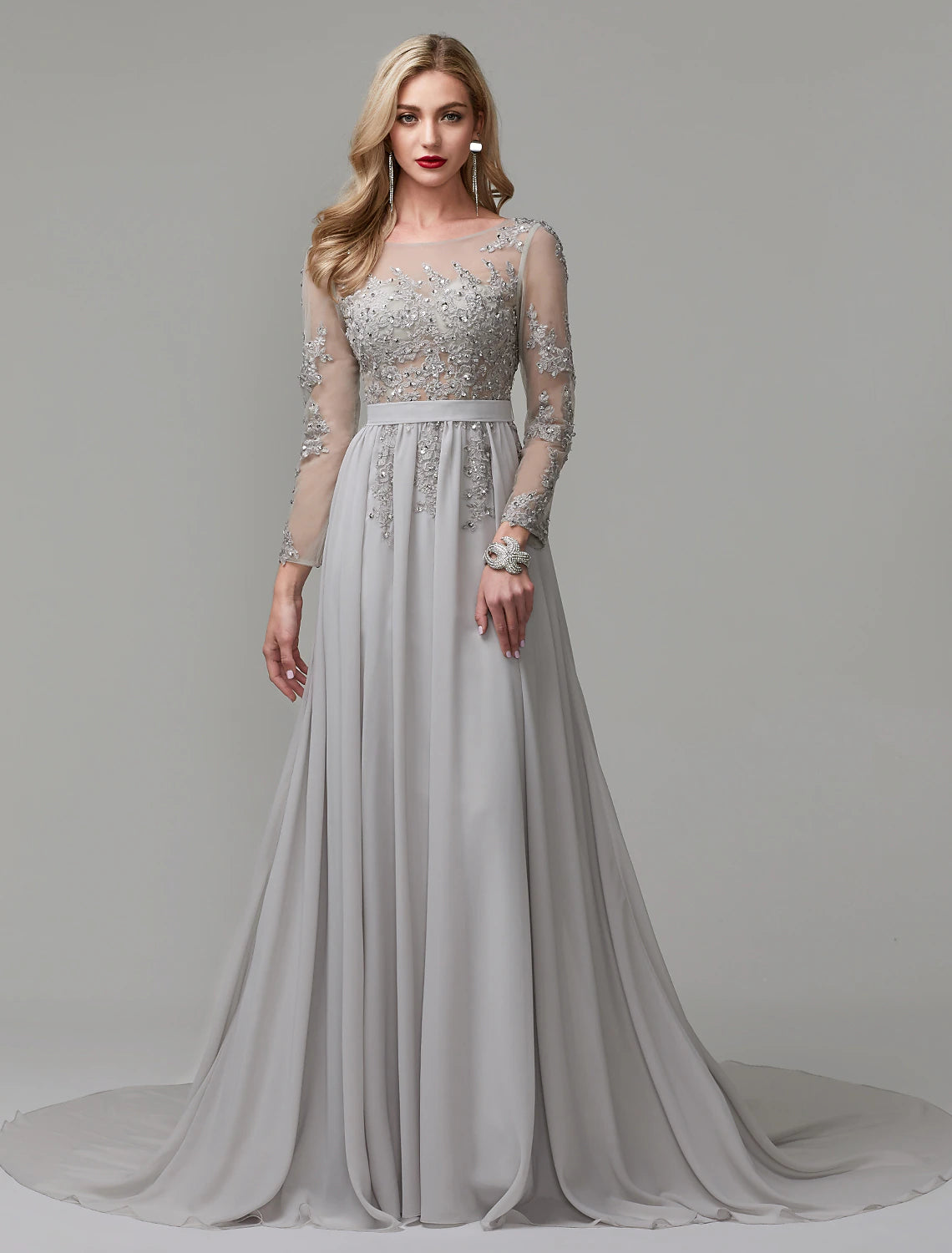 A-Line Luxurious Engagement Formal Evening Dress Illusion Neck V Back Low Back Long Sleeve Chapel Train Chiffon with Sequin Appliques 2024 / Illusion Sleeve-SOGOTADE