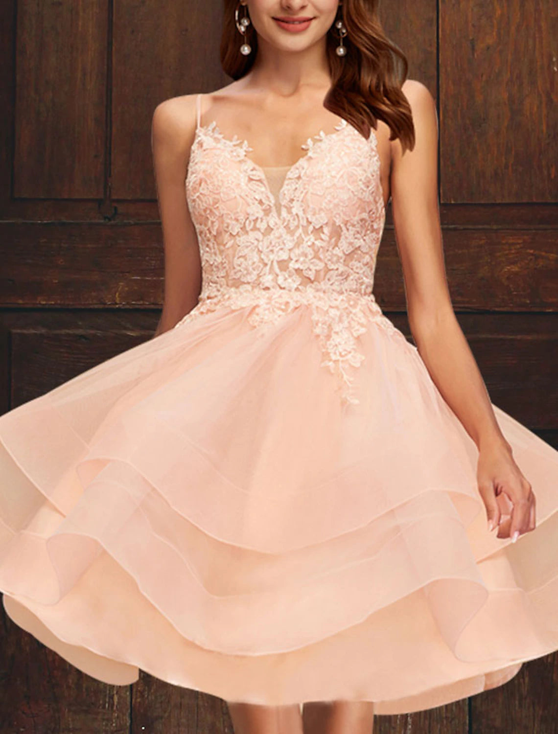 A-Line Cocktail Dresses Plus Size Dress Homecoming Graduation Short / Mini Sleeveless V Neck Pink Dress Tulle with Tiered-SOGOTADE