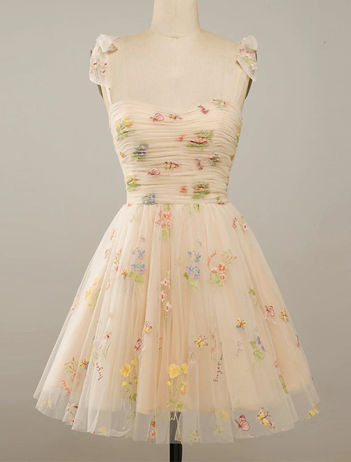 A-Line Homecoming Dresses Floral Dress Party Wear Summer Short / Mini Sleeveless Spaghetti Strap Tulle with Embroidery-SOGOTADE