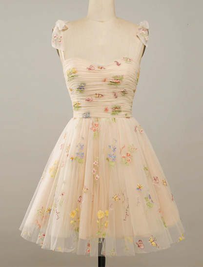 A-Line Homecoming Dresses Floral Dress Party Wear Summer Short / Mini Sleeveless Spaghetti Strap Tulle with Embroidery-SOGOTADE