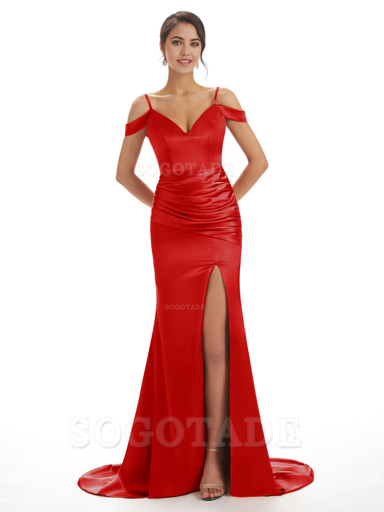 Mermaid Off The Shoulder Satin formal dresses evening gown Bridesmaid Dresses With Side Slit 