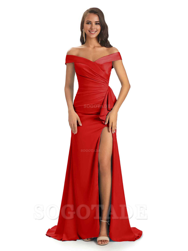 Sexy Soft Satin Side Slit Off The Shoulder Maxi Long Mermaid Bridesmaid Dresses prom shop dresses
