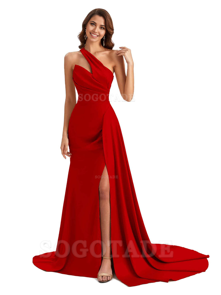 Mermaid One shoulder Satin formal dresses evening gown Bridesmaid Dresses With Side Slit 