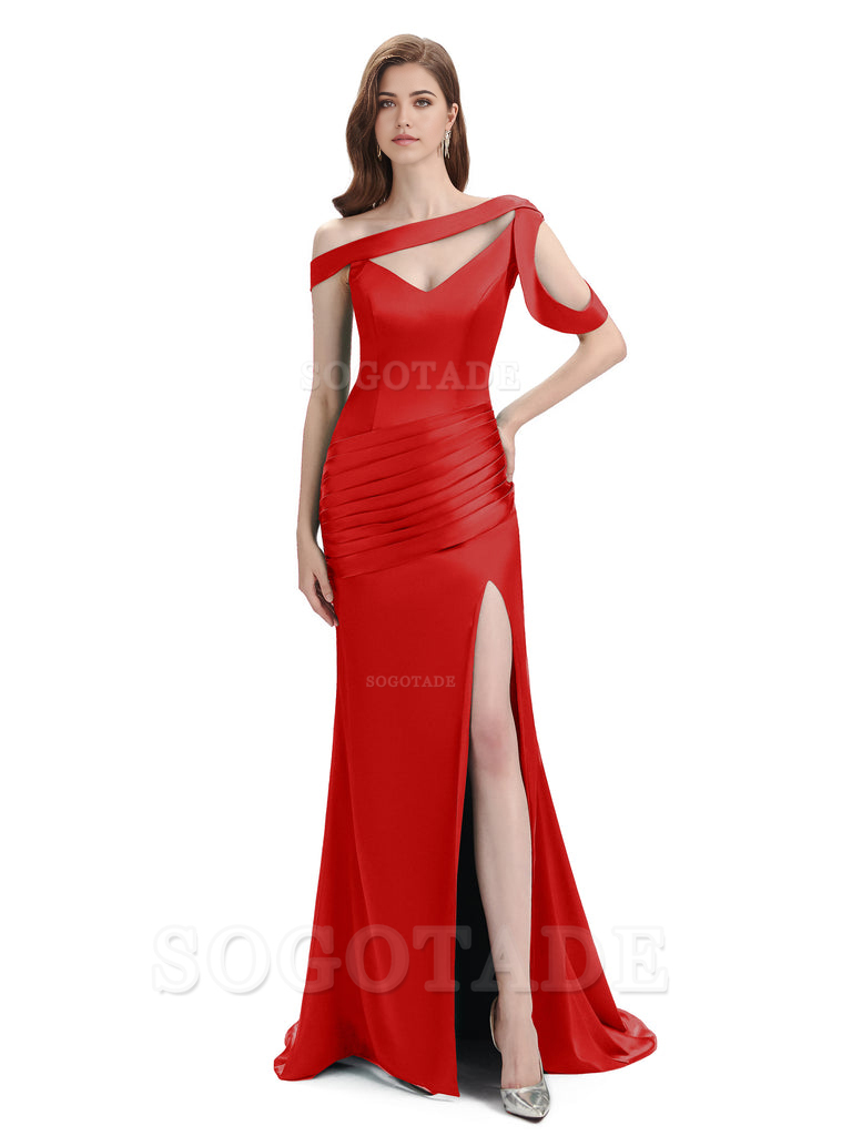 Mermaid V-Neck Satin Floor-Length formal dresses evening gown Bridesmaid Dresses With Side Slit 