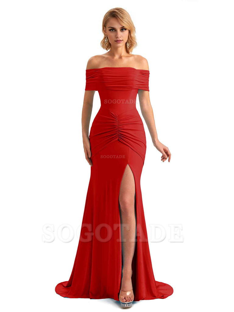 Elegant Mermaid Off The Shoulder Side Slit Stretchy Jersey Long Formal Bridesmaid Dresses