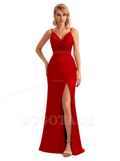 Sexy Side Slit V-Neck Mermaid Silky Satin Unique Long Formal Ladies Bridesmaid Dresses