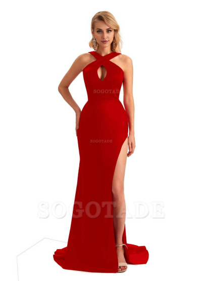 Sexy Side Slit Halter Mermaid Silky Satin Unique Long Formal Wedding Bridesmaid Dresses