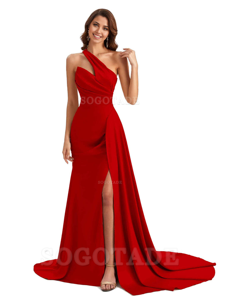 Mermaid One shoulder Satin formal dresses evening gown Bridesmaid Dresses With Side Slit 