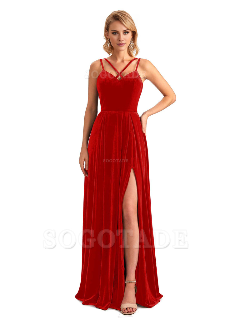 Sexy Side Slit Spaghetti Straps Unique Velvet Long Bridesmaid Dresses Online